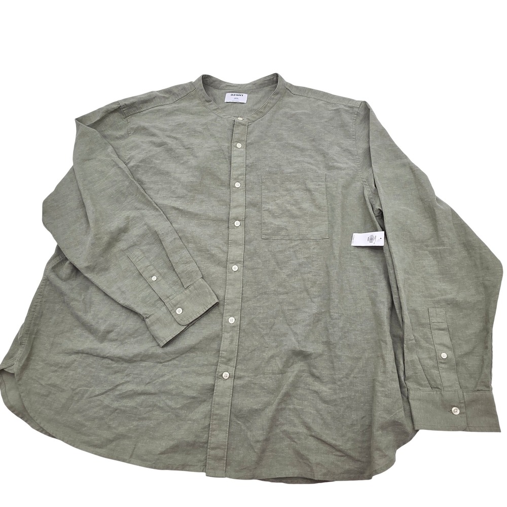 NWT Hip Old Navy Button Down Shirt Men 4XL Green Linen Blend Mandarin Collar